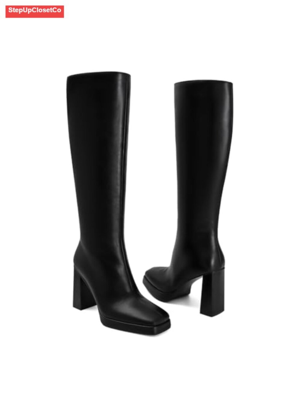 Womens 70s Gogo Knee High Platform Heeled Boots Square Toe Side Zipper Chunky